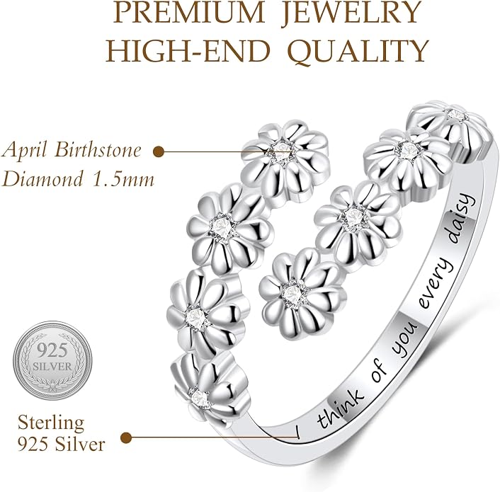 Dainty Daisy Ring for Women, S925 Sterling Silver Cubic Zirconia Sunflower Flower Ring For Daughter, I Think Of You Every Daisy Ring, Birthstone Flower Ring