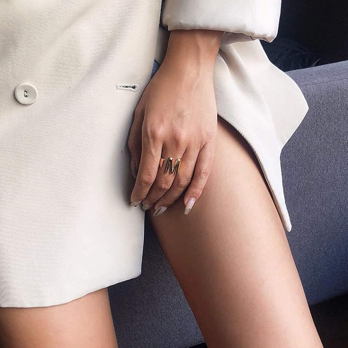 KeyStyle Bold Initial Letter Rings Adjustable, GoldChic Jewelry Women Gold Statement Ring Personalized Engraved Women’s Open Signet Ring for Party (Gold, White Gold, Black)