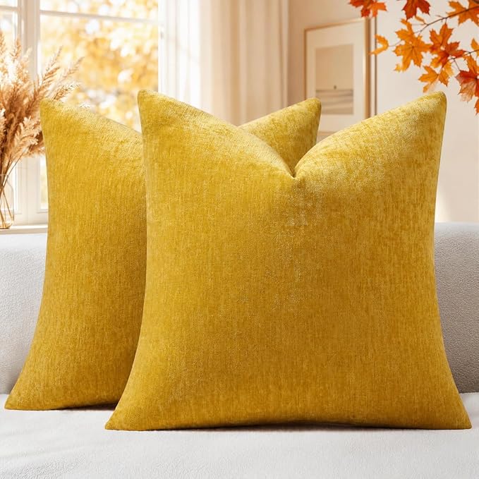 decorUhome Soft Chenille Mineral Yellow Throw Pillow Covers 26X26 Set of 2 | Decorative Fall Couch Pillow Covers Solid Dyed Accent Modern Euro Sham Farmhouse Neutral Square Pillow Cases for Sofa