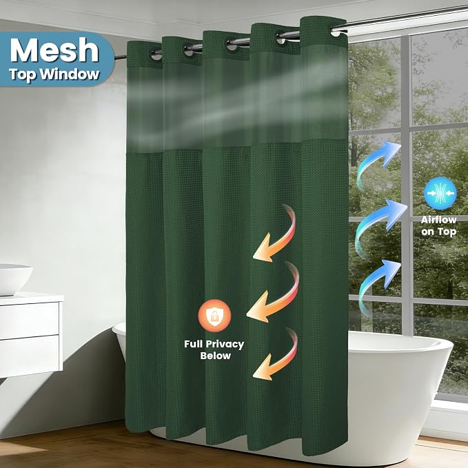 EUTXL 256GSM Heavyweight Shower Curtain and Liner Set - Waffle Weave Textured Heavy Duty,Hotel Luxury Weighted Bath Curtain,71W x 74H,Dark Green