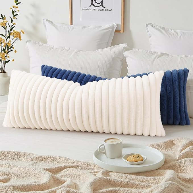 decorUhome Fall Faux Fur Throw Pillow Covers 14x36 Pack of 1 Navy Blue | Decorative Soft Cozy Striped Plush Modern Farmhouse Boho Couch Pillow Cases Velvet Back for Sofa Bed Living Room Home Decor