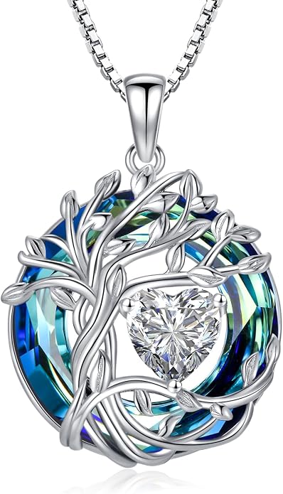 TOUPOP Tree of Life Birthstone Necklace Sterling Silver Pendant Birthstone Necklaces with Blue Crystal Anniversary Birthday Jewelry for Women Mom Wife Her