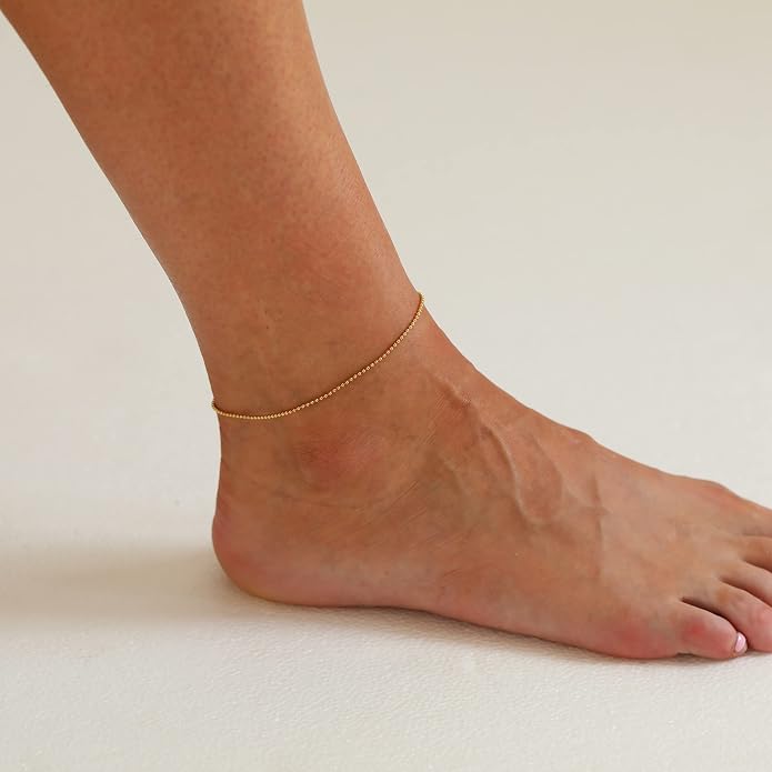 Dainty Ankle Bracelets for Women 18K Gold Plated Satellite Beaded Herringbone Lip Chain Anklets Simple Minimalist Summer Beach Foot Jewelry Christmas Gifts