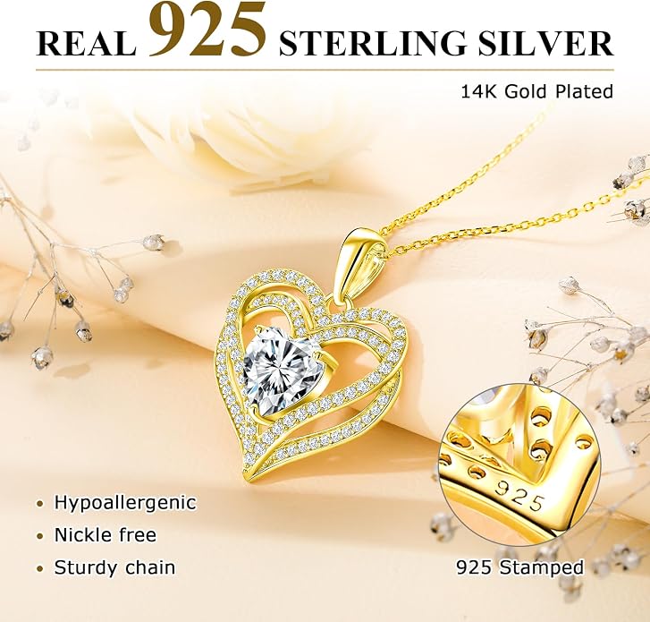 Anniversary Charm Necklace, Sterling Silver 14K Gold Plated Chain with Interlocking Heart Pendant Elegant Birthstone Necklaces for Women, Length 18"