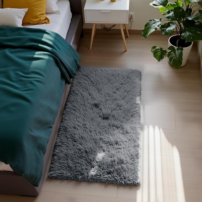 Fluffy Rug Shag Area Rug, Grey 3x5 Area Rugs for Bedroom, Small Bedside Rug, Soft Fluffy Shag Entryway Throw Rugs for Living Room Bedroom Room Home Decor