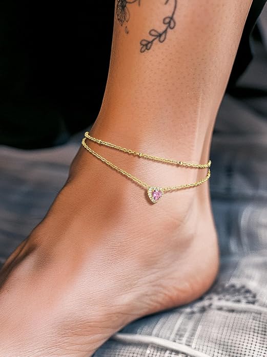 Richsteel Double Layer Heart/Butterfly Birthstone Anklet for Women Non Tarnish Waterproof, Silver/Gold/Black Stainless Steel 8.5-10.5 Inch Adjustable Chain Anklets Jewelry Gifts for Her