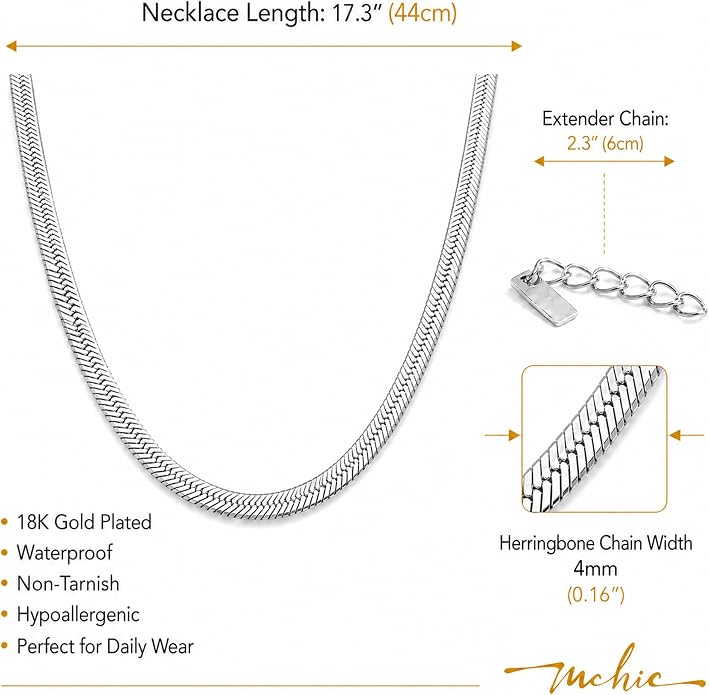 Mchic 18K Gold Plated Herringbone Necklace for Women, 1.5MM Thick Snake Chain Necklace Non Tarnish, Flat Herringbone Chain Jewelry for Gifts 4MM Wide