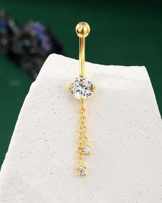 COCHARM 14K Gold Plated Belly Button Rings Dangling 925 Sterling Silver Belly Navel Rings Dangle Chain Belly Piercing Jewelry Hypoallergenic