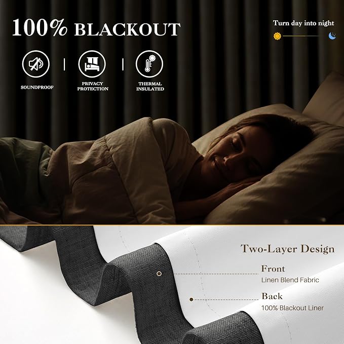 IVAPUPU Linen Pinch Pleated Blackout Curtains for Bedroom - Full Black Out Grey Curtains 90 Inch 2 Panels Set for Living Room Darkening Thermal Window Curtain Drapes with 16pc Hooks