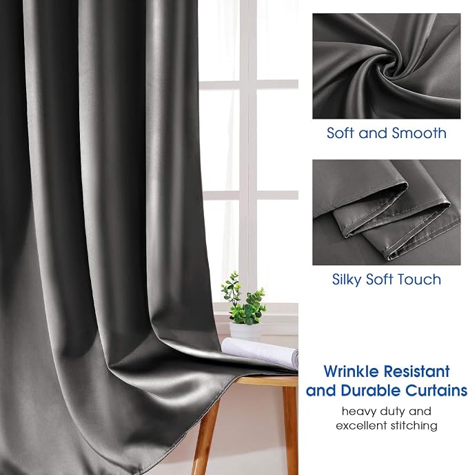 HOMEIDEAS 2 Panels Dark Grey Faux Silk Blackout Luxury Curtains, 52 X 96 Inch Room Darkening Satin Thermal Insulated Window Drapes for Bedroom Decor, Indoor