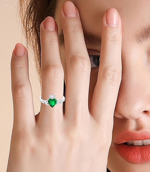 Claddagh Rings for Women 925 Sterling Silver Irish Birthstone Statement Ring Jewelry for Wife
