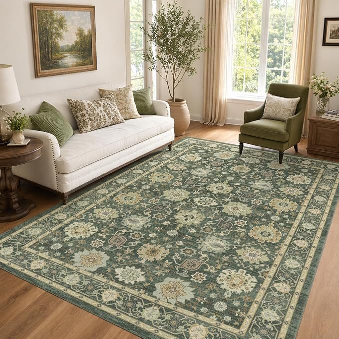 AMADA HOMEFURNISHING 8x10 Area Rug for Living Room, Vintage Washable Area Rug Low-Pile & Non-Slip Carpet for Bedroom Dining Room Nursery Home Office, Olive Green
