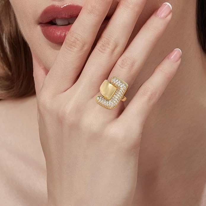 Cicy Bell Initial Rings for Women 14k Gold Plated Cubic Zirconia Delicate Letter Chunky Statement Open Rings Gifts for Her