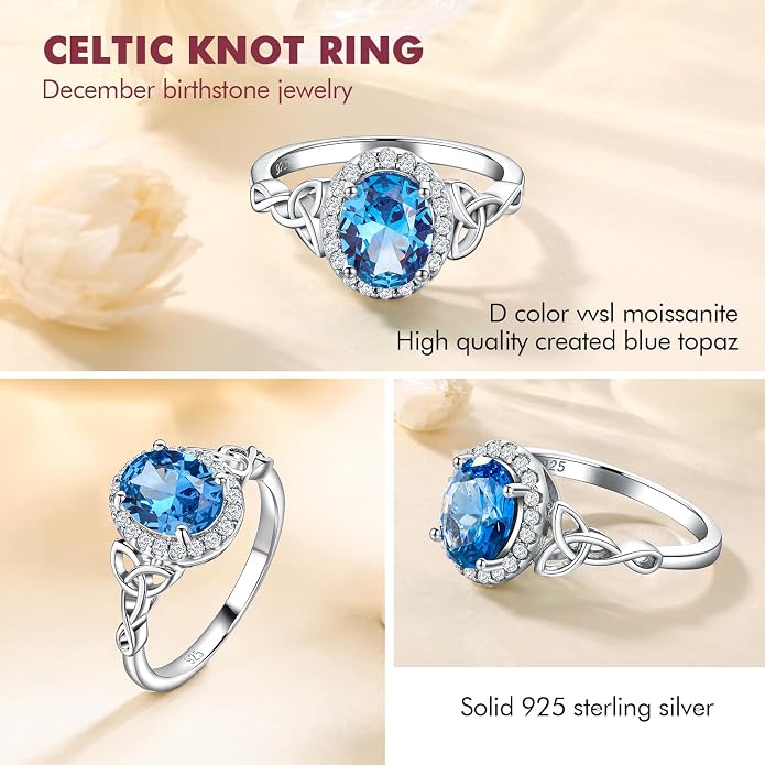 DAYBYDAY Celtic Birthstone Rings for Women 925 Sterling Silver Heart/Round/Pear/Oval Created Gemstone Moissanite Halo Engagement Promise Rings for Her Wife Birthday Anniversary Wedding Jewelry