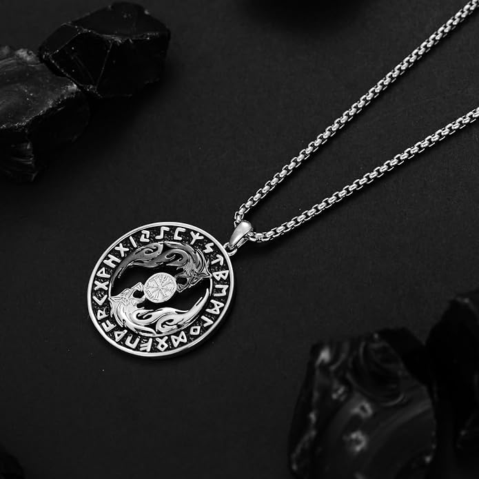 Viking Necklace for Men 925 Sterling Silver Viking Wolf/Thors Hammer/Vegvisir/Tree of Life/Compass Pendant Norse Necklace Amulet Talisman Christmas Gifts for Him Her
