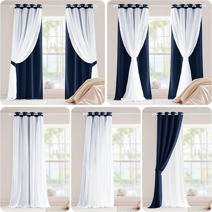 PONY DANCE Navy Blue Double Layered Curtains with Sheer Overlay - Blackout Window Panels Set for Living Room Bedroom, 52 W x 84 L, Set of 2