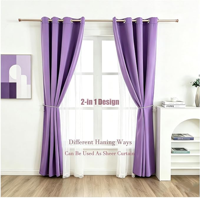 2 Panels Purple Blackout Curtains 52x84 Inches- Double Layer Lace Grommet for Bedroom, Nursery, Kids Room