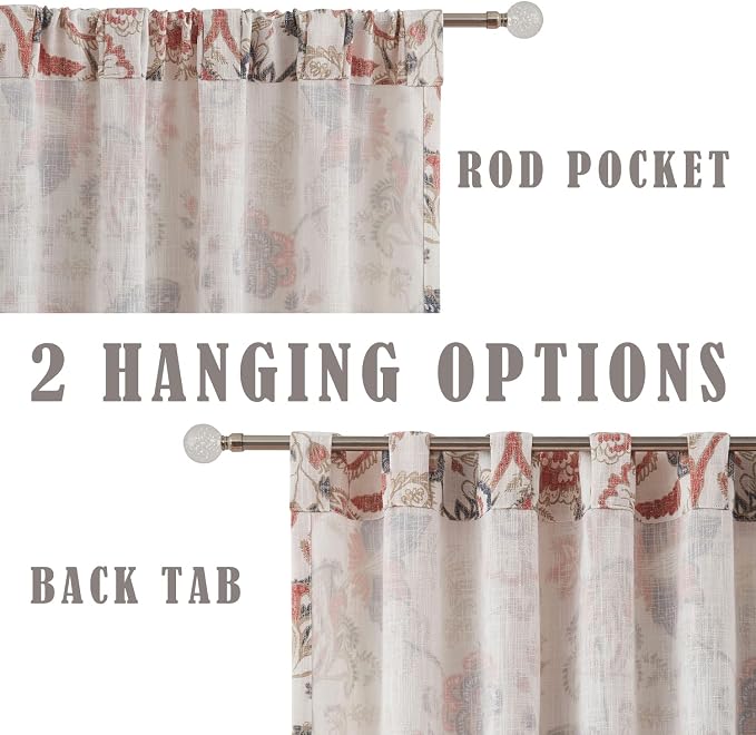 Kayne Studio Navy Red Curtain Panels Linen Textured Botanical Leaf Print Floral Farmhouse Linen Curtain Drapes Light Filtering Window Treatments Living Room Bedroom Rod Pocket Back Tab,52"x102"x2