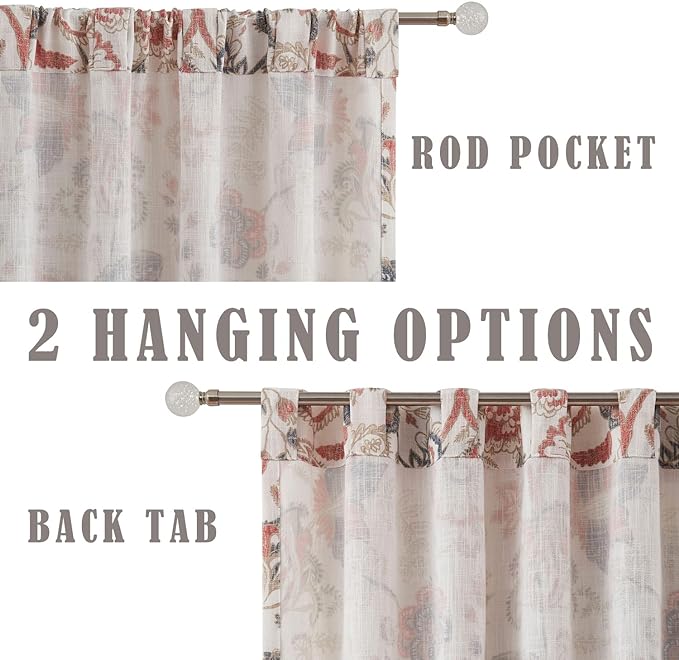 Kayne Studio Backtab Rod Pocket Jacobean Floral Semi Sheer Curtains, Botanical Curtains Tab, Vintage Farmhouse Drapes for Bedroom, Navy Red Light Filtering Window Treatment Sets,52"x84",2 Panels