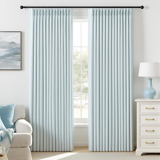 IVAPUPU Blue Pinch Pleated Full Blackout Linen Curtains for Bedroom, Black Out Curtains 84 Inches Long for Living Room Darkening Thermal Insulated Neutral Pleat Drapes with 16 Hooks, 2 Panels
