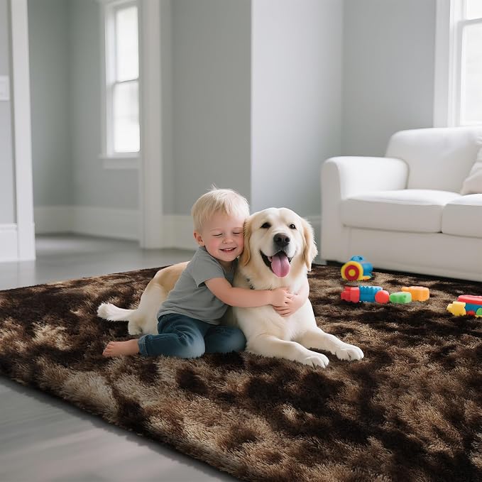 Fluffy Rug Shag Area Rug, Mottling Brown 4x6 Area Rugs for Bedroom, Small Bedside Rug, Soft Fluffy Shag Entryway Throw Rugs for Living Room Bedroom Room Home Decor