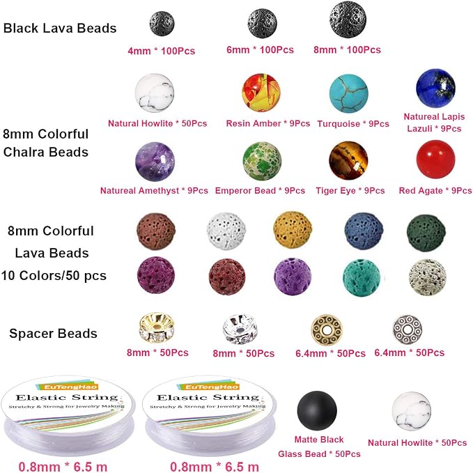 EuTengHao 715Pcs Lava Beads Stone Rock Beads Glass Beads Bracelet Making Kit with Chakra Beads Spacer Beads Bracelet Elastic String for Diffuser Essential Oils Bracelets DIY Jewelry Making Supplies