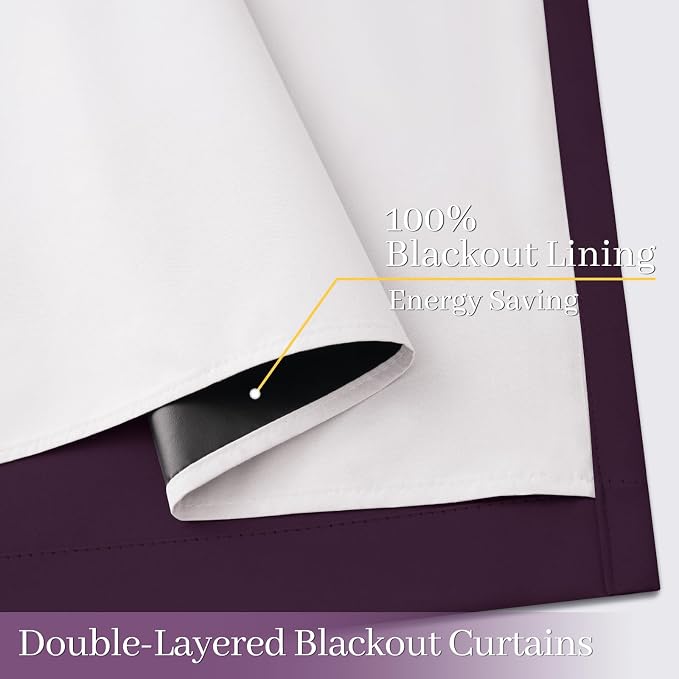 Yakamok Dark Purple 100% Blackout Curtains 63 Inches Long 50" Wide 2 Panels | Blackout Curtain Panels for Bedroom, 2 Thick Layers Grommet Top Thermal Insulated Drapes with White Back for Living Room