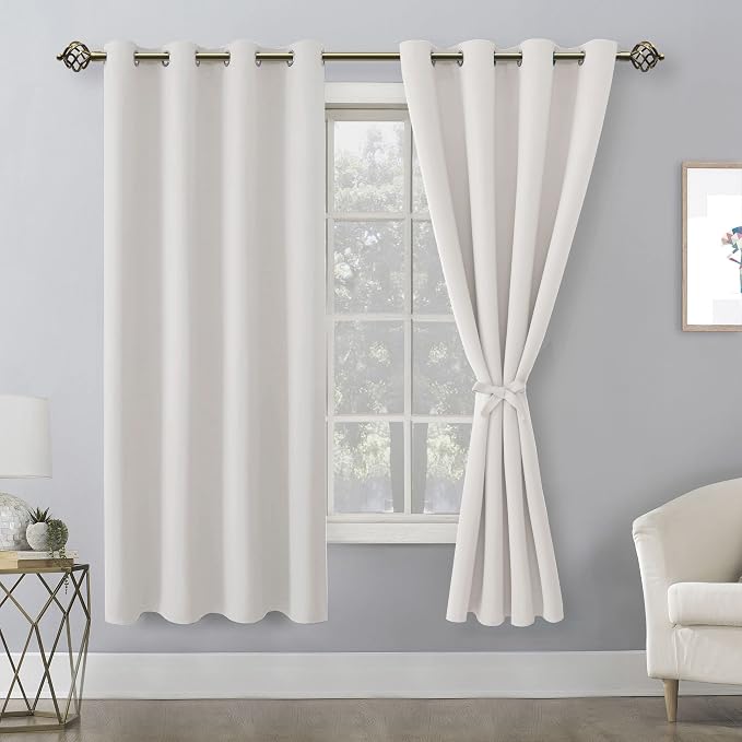 Hiasan Blackout Curtains for Bedroom, 52 x 63 Inches Length - Thermal Insulated & Light Blocking Window Curtains for Living Room/Kids Room, 2 Drape Panels Sewn with Tiebacks, Ivory