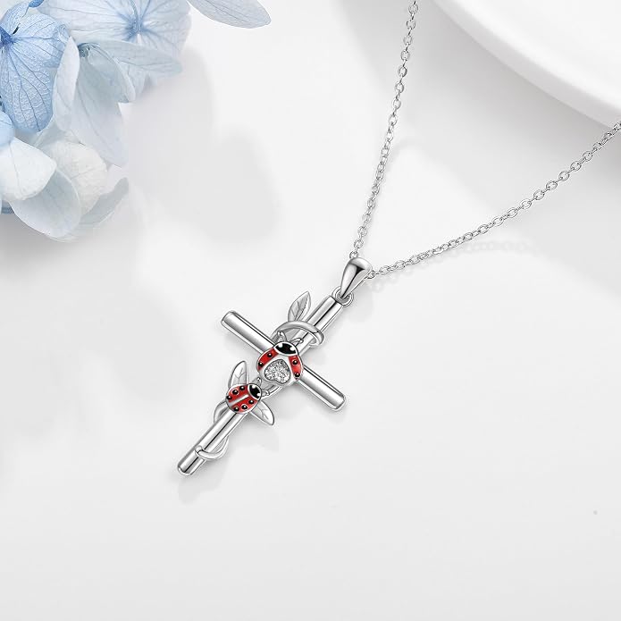 Flower Cross Necklace 925 Sterling Silver Carnation/Rose/Lily/Daisy Cross Necklace Birth Flower Jewelry for Women