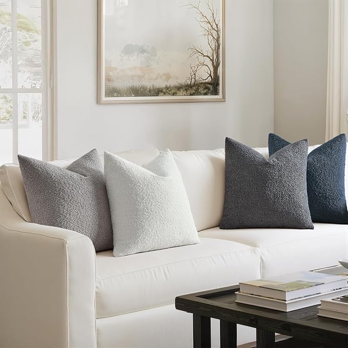 MIULEE Decorative Boucle Throw Pillow Covers 18x18 Blue Gray Set of 4 | Textured Accent Pillow Cases Soft Couch Cushion Covers for Modern Farmhouse Boho Sofa Bed Livingroom Home Decor