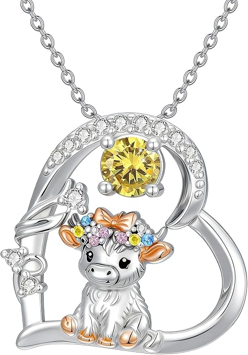 Highland Cow Gifts for Women 925 Sterling Silver Highland Cow Birthstone Necklace Fluffy Cow Jewelry Gifts Birthday Christmas
