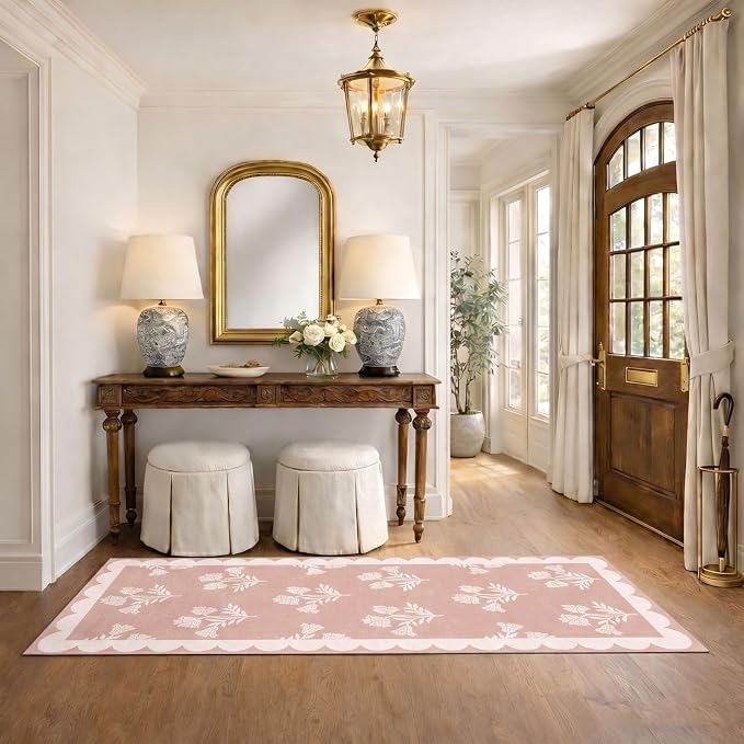 Non Slip Washable Kitchen Runner Rug - 2x6 Pastel Pink Floral Hallway Runner Rugs Soft Boho Runners for Hallways Preppy Scalloped Laundry Room Rug Floor Rugs for Bedroom Entryway Bathroom