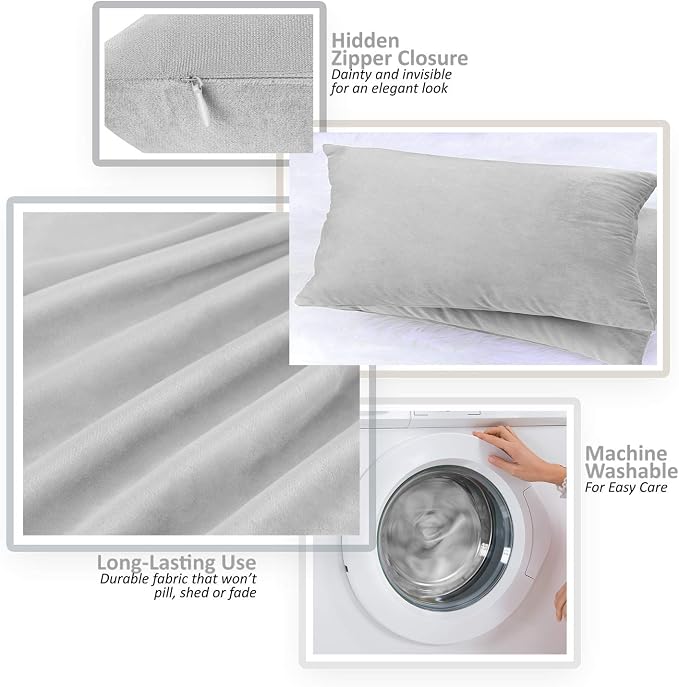 Nestl Throw Pillow Covers, Cozy Velvet Decorative Pillow Covers 12 x 20 Inches, Soft Solid Couch Pillow Covers for Sofa, Bed and Car, Set of 4 - Light Gray