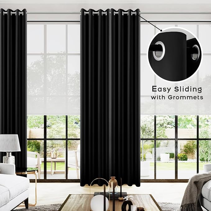 KOUFALL Black Blackout Curtains 100 Inches Long, Black Out Thermal Insulated Sound Proof Drapes for Living Room Bedroom, Wide 52x100 Inch Length, 2 Panels Set