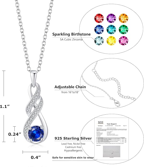 Birthstone Necklaces for Women 925 Sterling Silver Infinity Pendant Created Gemstone Jewelry for Her, 16"+2"