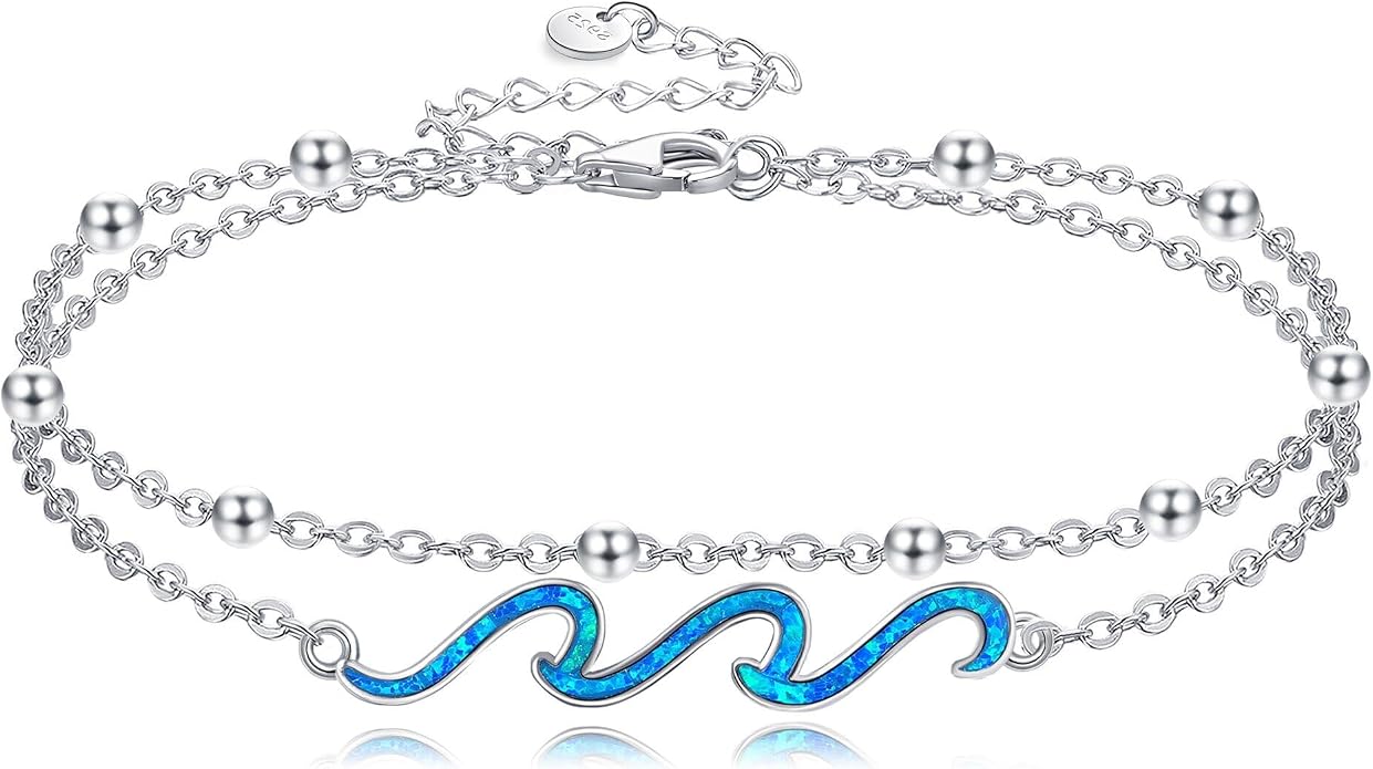 YFN Wave Anklet 925 Sterling Silver Ocean Wave Layered Ankle Bracelet Wave Beach Jewelry for Women Gifts