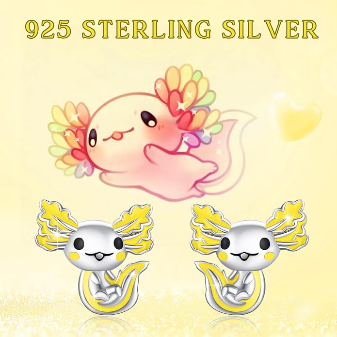 925 Sterling Silver Axolotl Earrings White Gold/Rose Gold Axolotl Jewelry for Women Girls Pink/Blue Axolotl Gifts