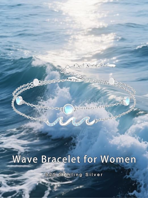 Wave/Dolphin Bracelet/Sea Turtles Anklet 925 Sterling Silver Adjustable Moonstone Bracelet/Anklet Summer Ocean Jewelry Gifts for Women