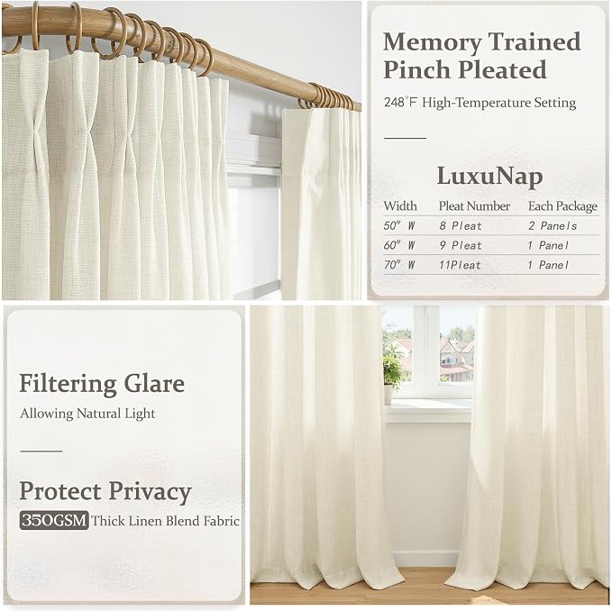 Memory Trained Pinch Pleated Linen Cream Beige Sheer Curtains 92 Inch Long