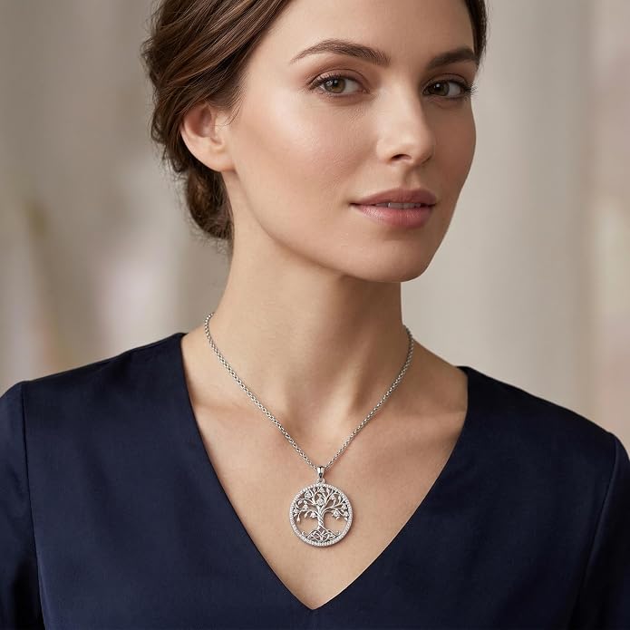 ONEFINITY Tree of Life Necklace 18k White Gold Plated Tree of Life Birthstone Pendant Necklace Birthstone Jewelry Anniversary Birthday Gifts for Women Men