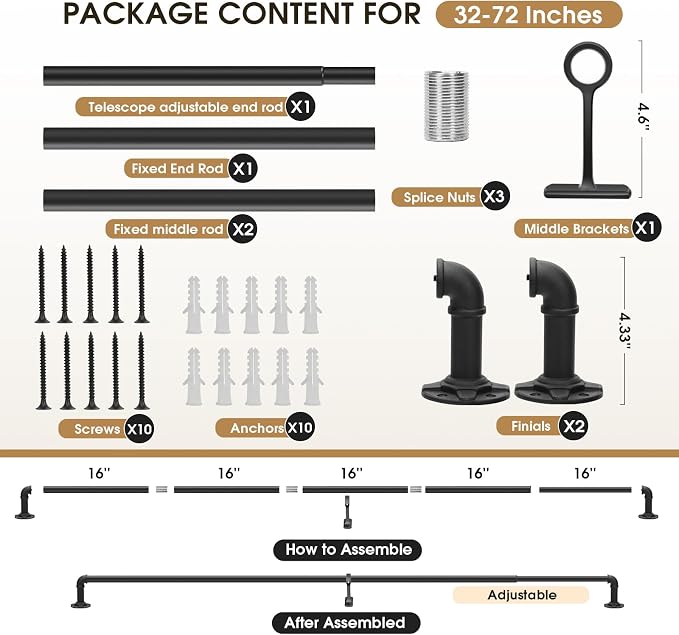 Heavy Duty Blackout Curtain Rods Adjustable 32-70 Inch - 1 Inch Wrap Around Black Rod for Indoor/Outdoor, Modern Room Divider Drapery