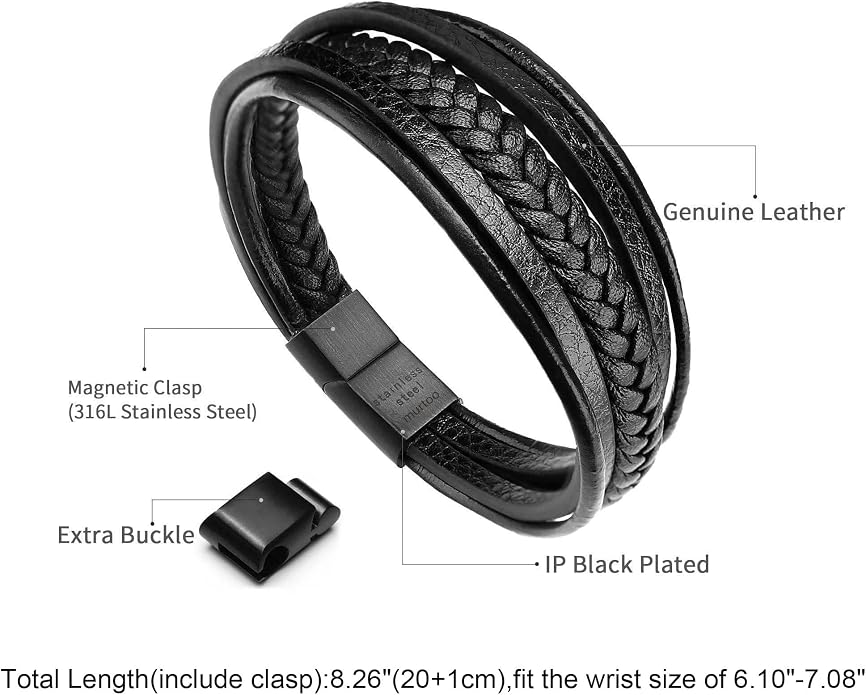murtoo Mens Leather Bracelet with Clasp Cowhide Multi-Layer Braided Leather Mens Bracelet