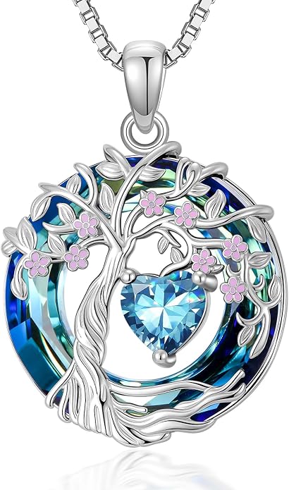 Tree of Life Birthstone Necklace 925 Sterling Silver Crystal Tree of Life Pendant Birthstone Jewelry Birthday Christmas Gifts for Women Mom Her Wife
