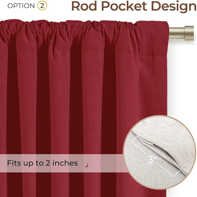 INOVADAY 100% Blackout Curtains 90 Inches Length 2 Panels Set, Back Tab/Rod Pocket Linen Black Out Curtains for Bedroom, Thermal Insulated Window Drapes - Ruby Red, W50 X L90