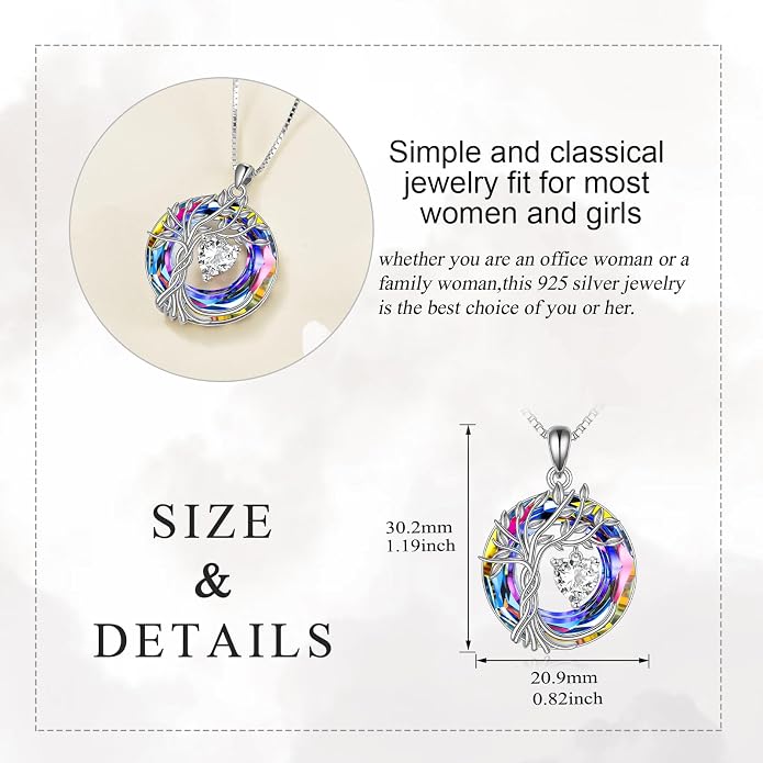 POPLYKE Mothers Day Gifts for Mom Her Wife Tree of Life Necklace 925 Sterling Silver Birthstone Pendant with Crystal Anniversary Birthday Wedding Jewelry for Women
