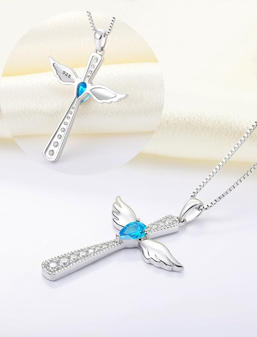 YL Cross Necklace 925 Sterling Silver Angel Wings Pendant Teardrop Birthstone Criss Jewelry for Women