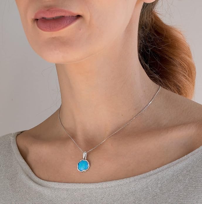 ADITA GOLD 925 Sterling Silver Blue Opal Necklace Women - Blue Opal Pendant Necklace Silver- October Birthstone Necklace - Silver Jewelry for Women- Minimalist Jewelry- Birthstone Necklaces