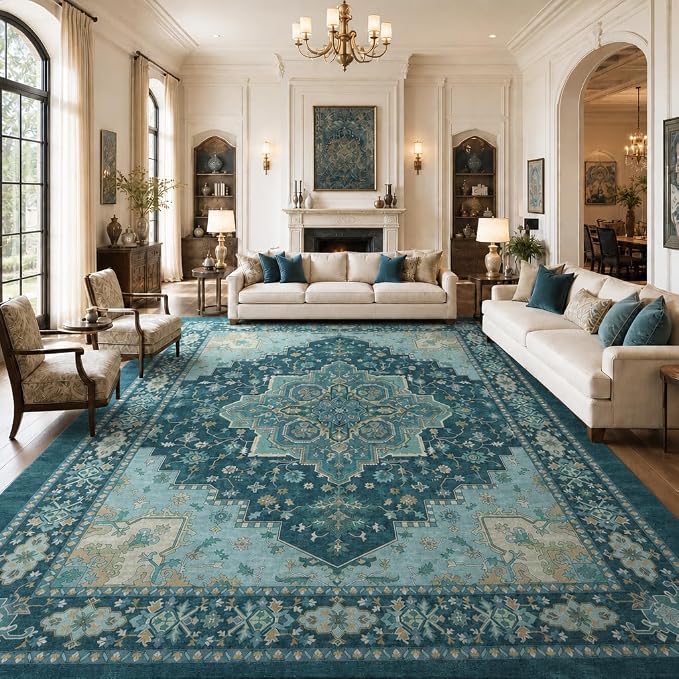 AMADA HOMEFURNISHING 9x12 Area Rug for Living Room, Vintage Washable Area Rug Low-Pile & Non-Slip Carpet for Bedroom Dining Room Nursery Home Office, Teal Blue