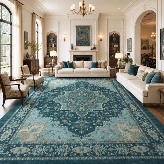 AMADA HOMEFURNISHING 8x10 Area Rug for Living Room, Vintage Washable Area Rug Low-Pile & Non-Slip Carpet for Bedroom Dining Room Nursery Home Office, Teal Blue