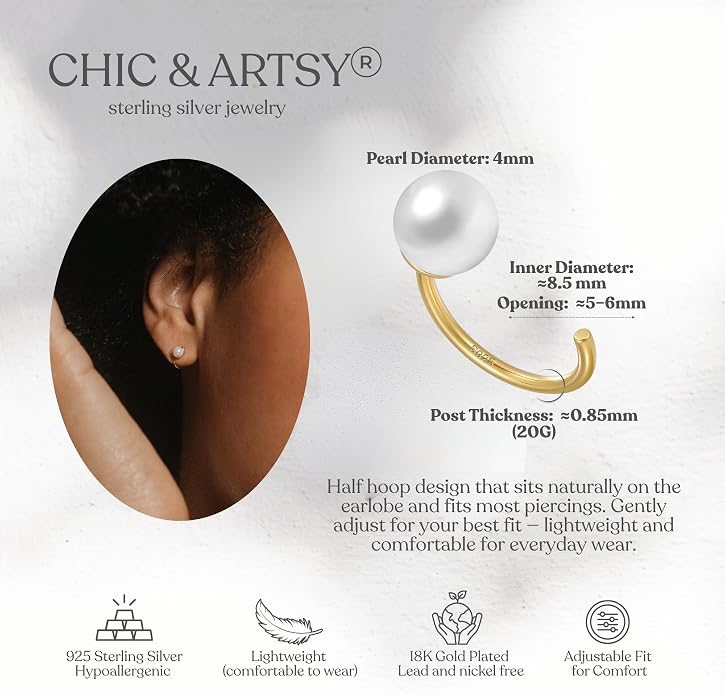 CHIC & ARTSY 925 Sterling Silver Half Hoop Earrings for Women, Small Huggie Hoops Set with Ball Bar Star Moon Cross & Pearl, Lightweight Comfort Fit Everyday & Sleep Earrings
